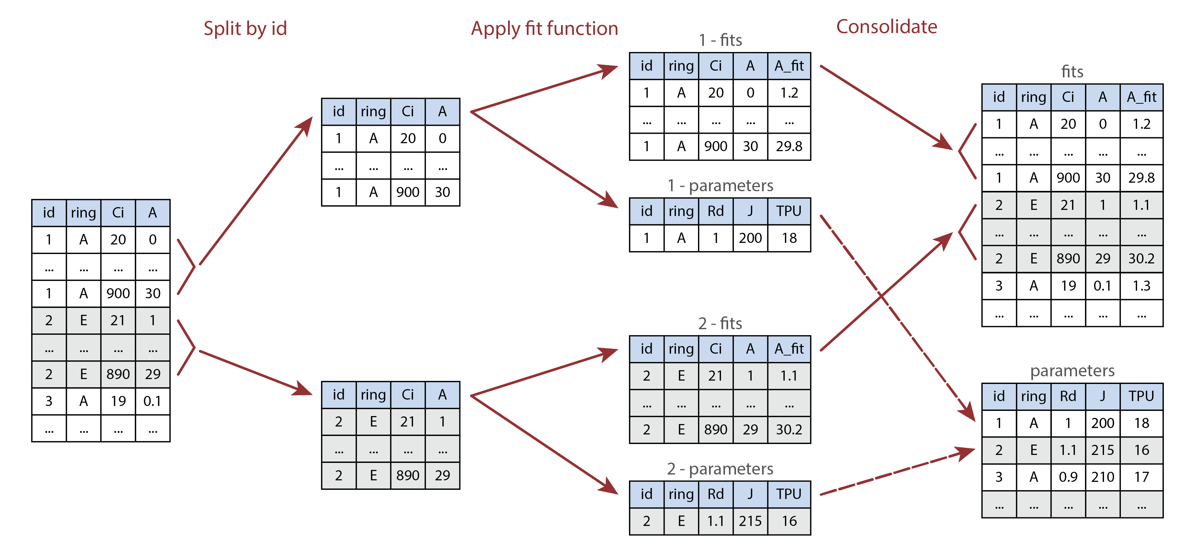 Illustration of processing multiple parts of a table using `by` and
`consolidate`. Here, `id` and `ring` are user constants, where the `id` column
identifies each individual curve, and the `ring` value indicates whether each
leaf was grown under ambient (A) or elevated (E) carbon dioxide conditions.
The processing function fits a single A-Ci curve and returns a list of two
tables called `fits` and `parameters`.